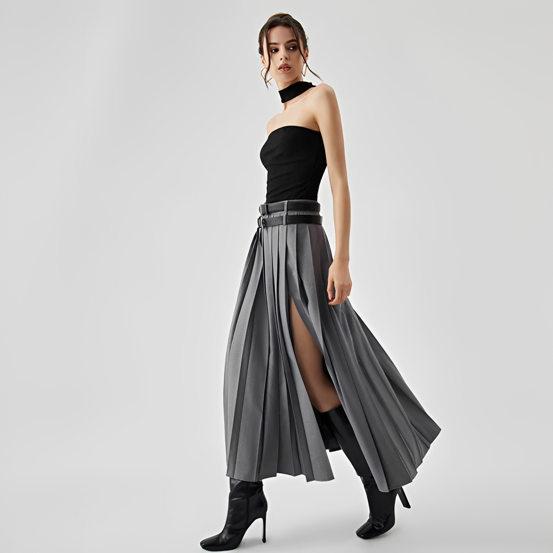 Odette - Pleated Maxi Skirt with Slit