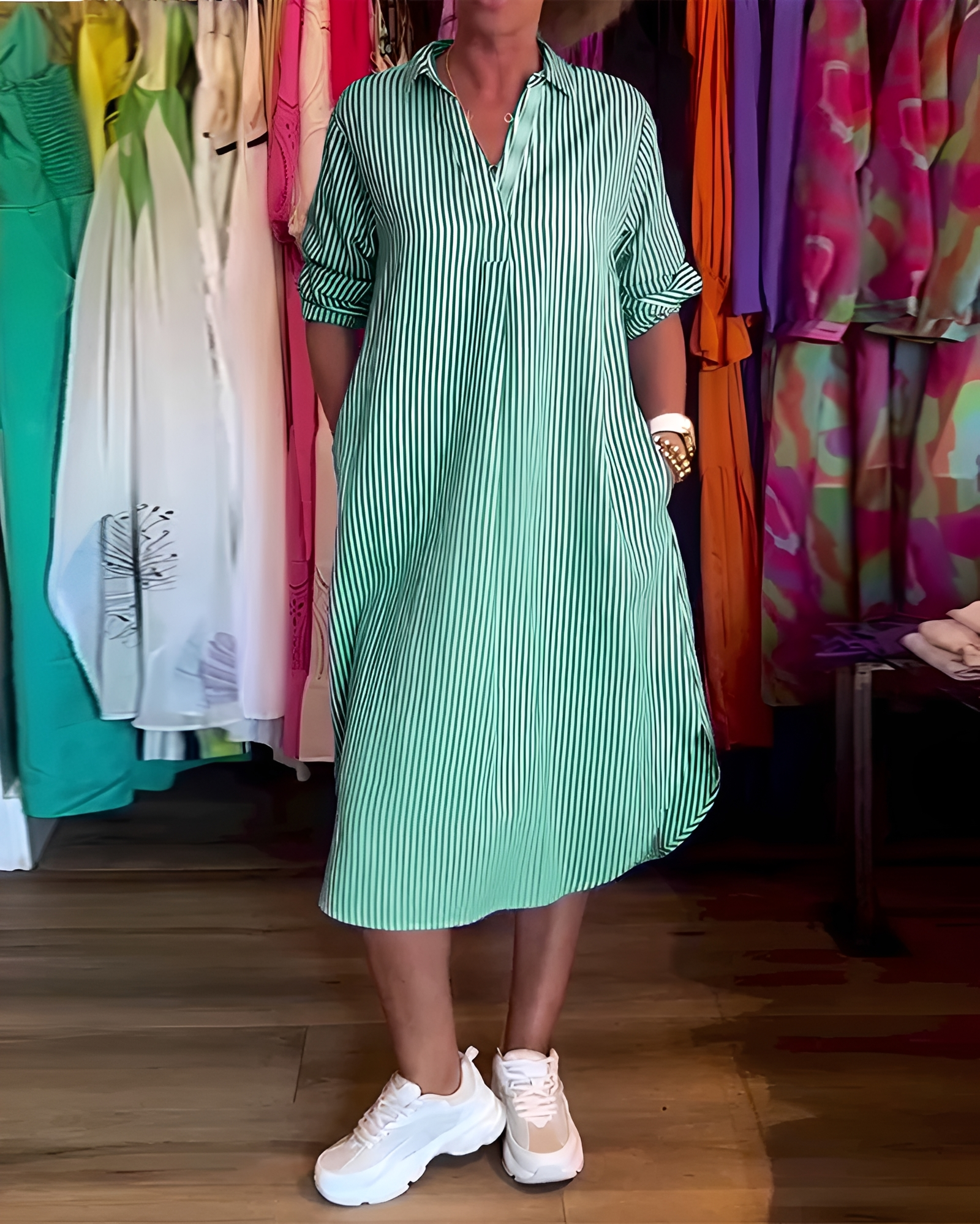 Célia - Simple V-Neck Dress With Collar