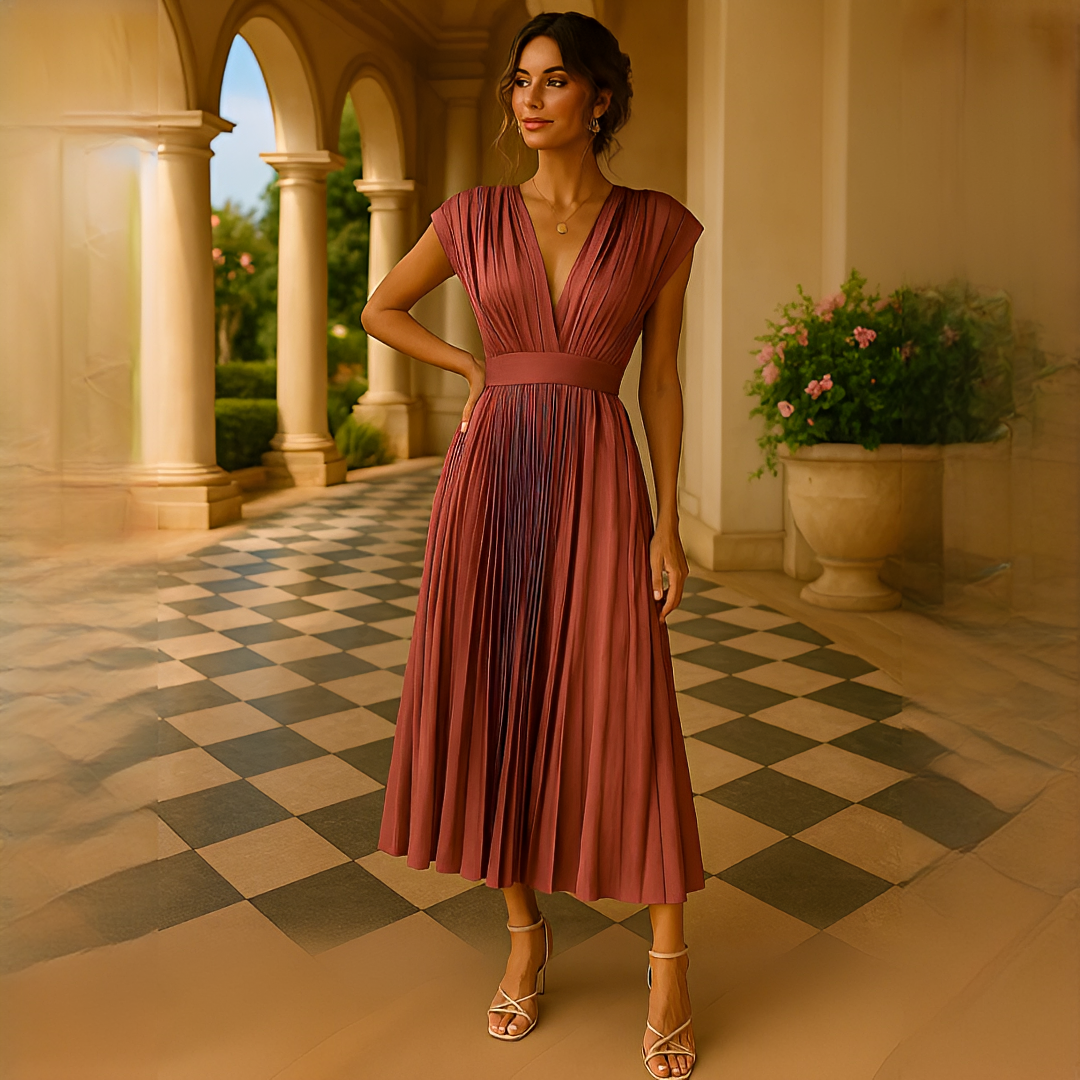 Elvira - Fashionable Pleated V-Neck Midi Dress