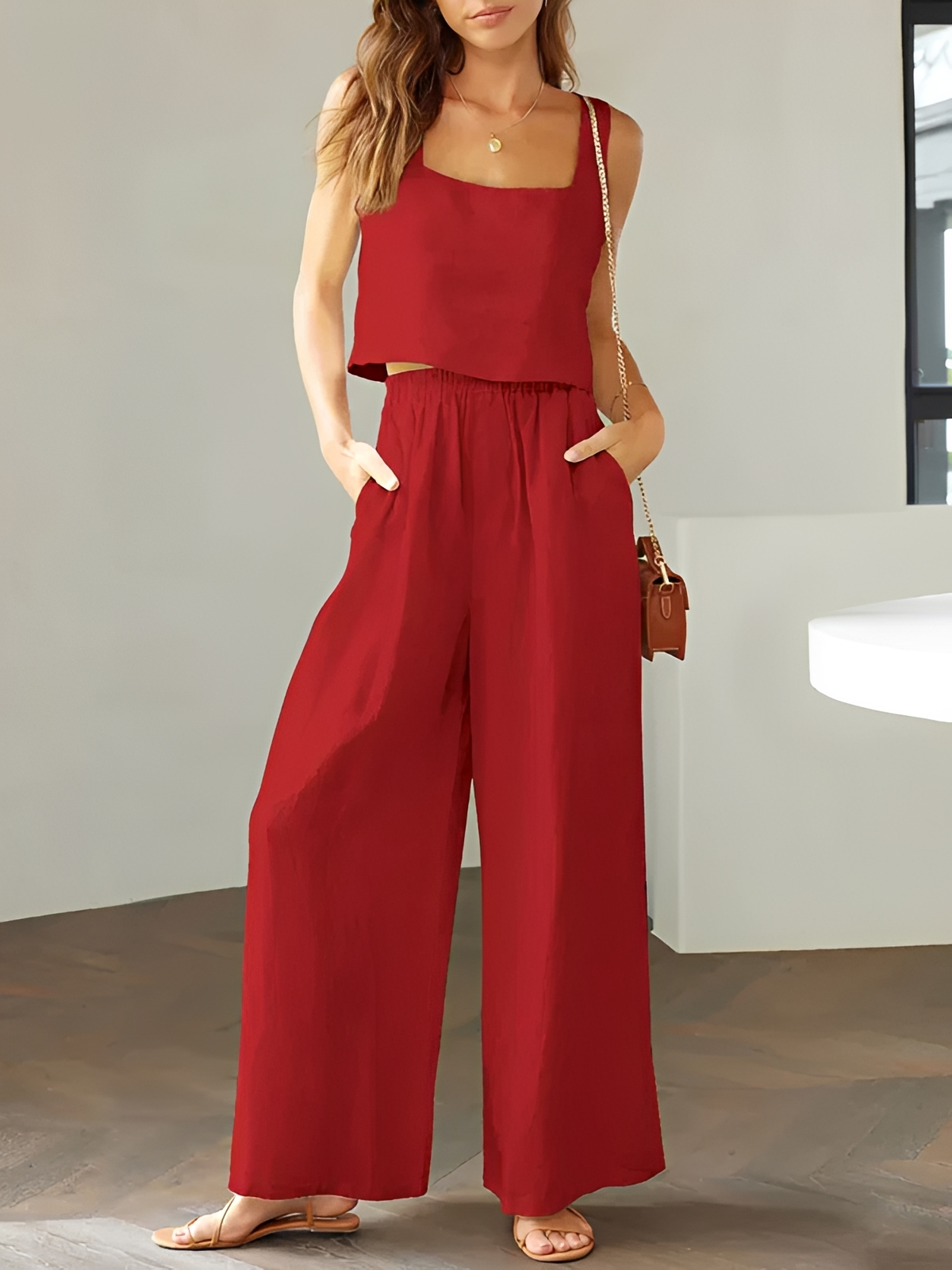 Pia - Comfortable Set with Square Neck Top and Pants