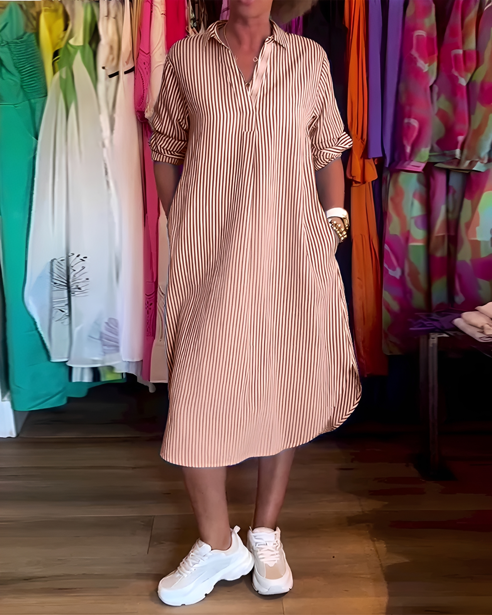 Célia - Simple V-Neck Dress With Collar