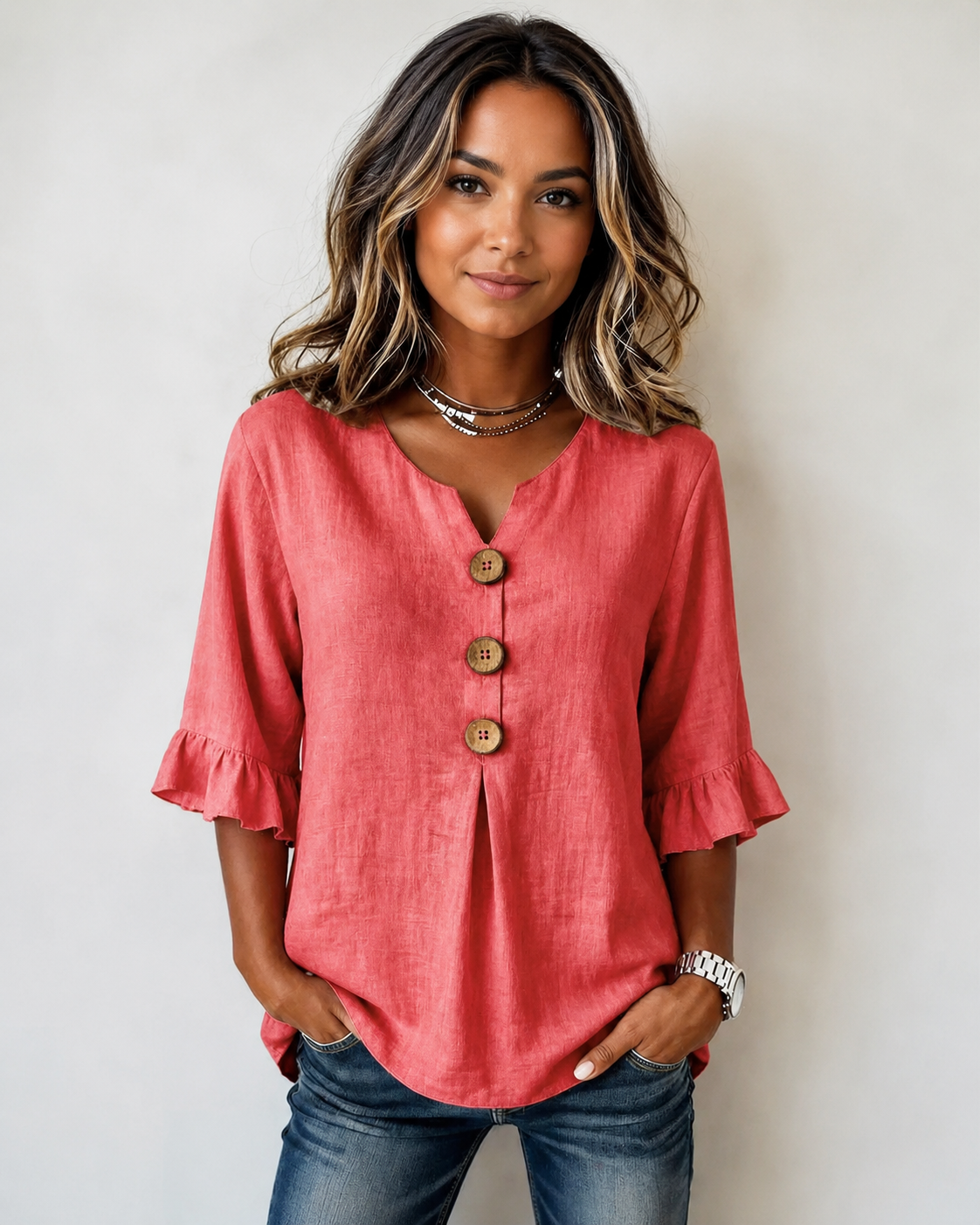 Glenda - Chic V-Neck Button Blouse