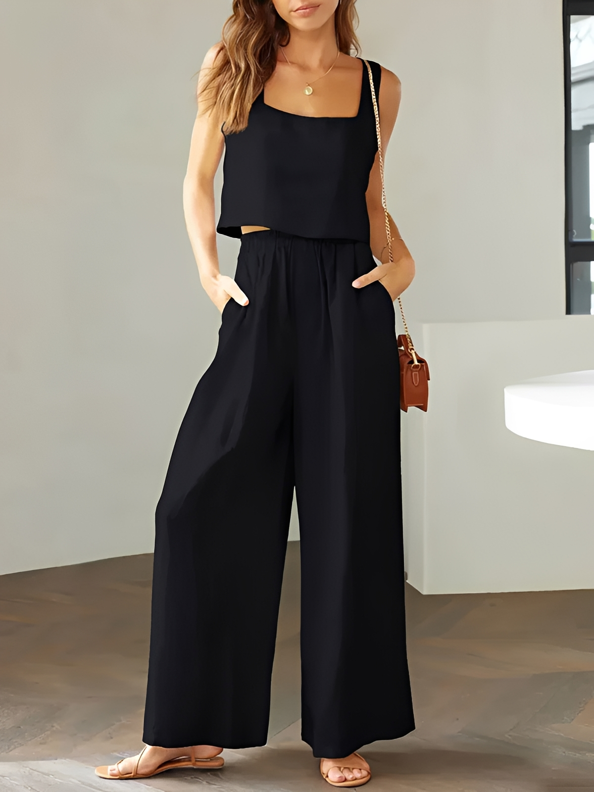 Pia - Comfortable Set with Square Neck Top and Pants