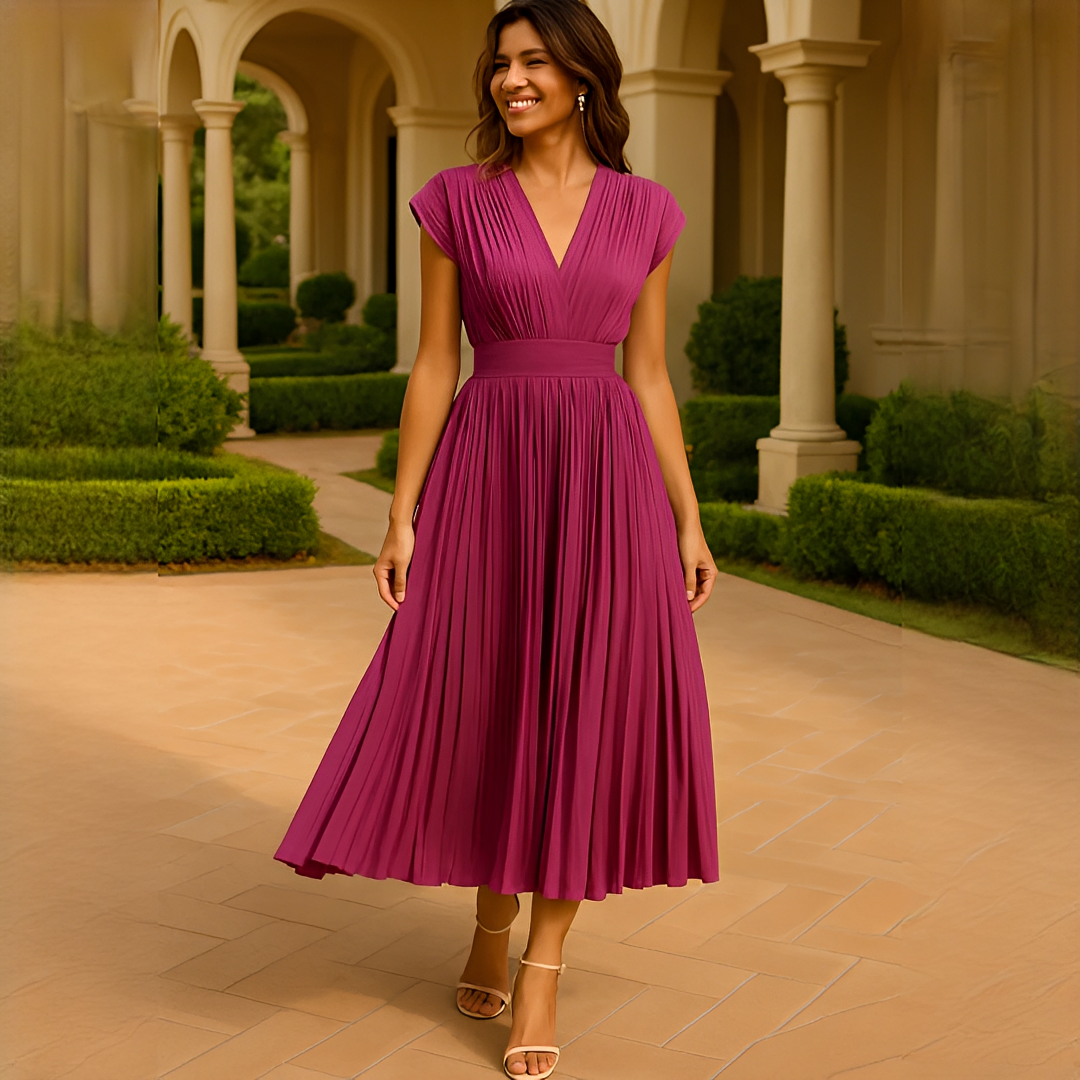 Elvira - Fashionable Pleated V-Neck Midi Dress