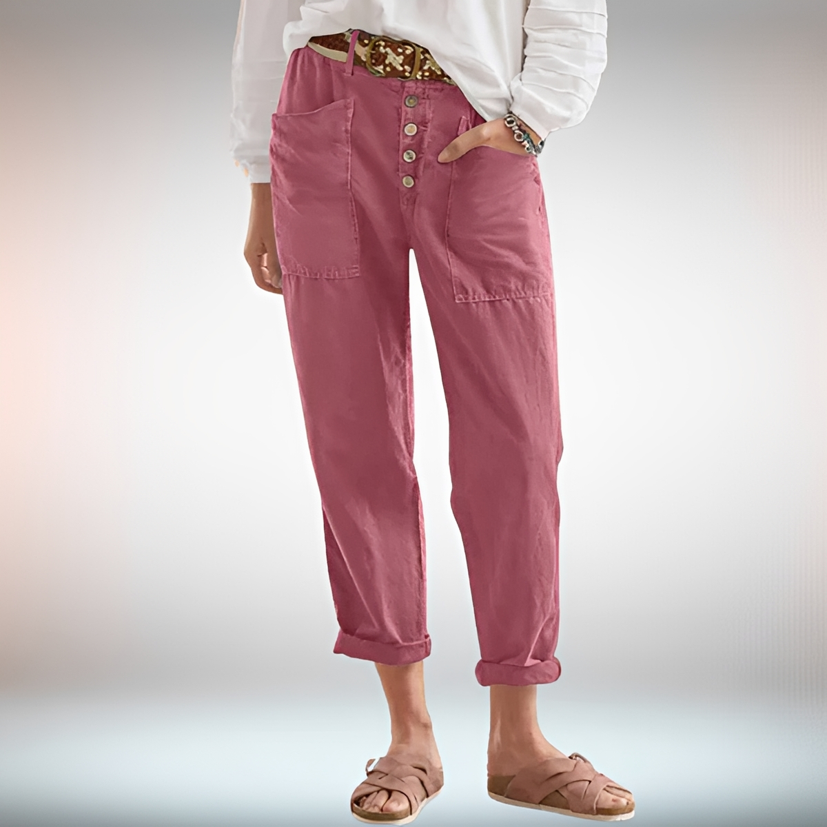 Rhonwen - Trendy Button-Detail Relaxed Pants