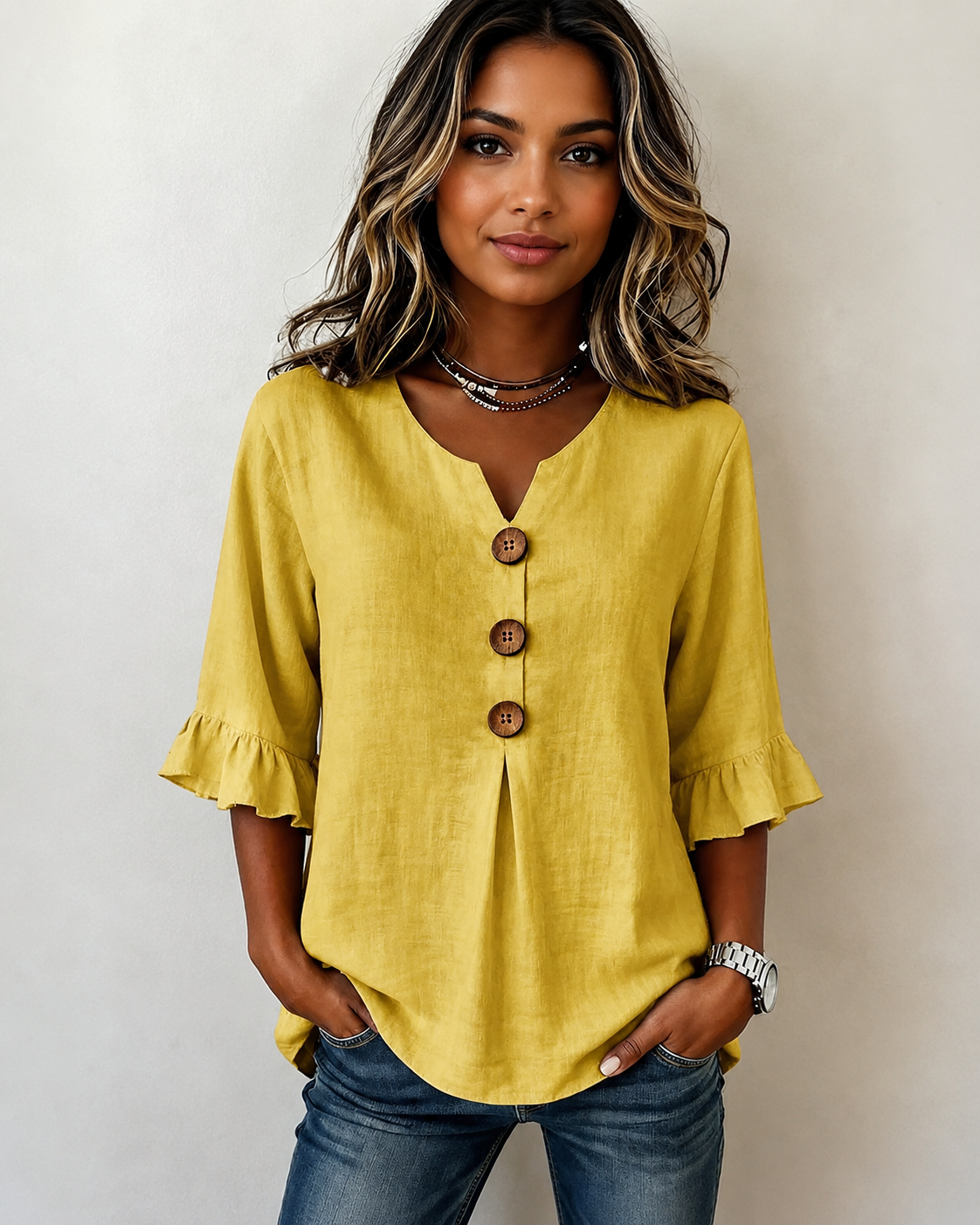 Glenda - Chic V-Neck Button Blouse