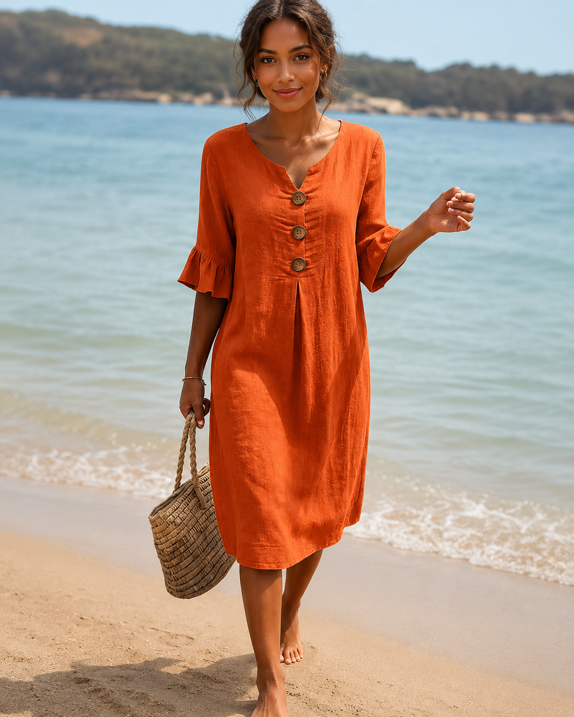 Éliane - Modern Button V-Neck Dress