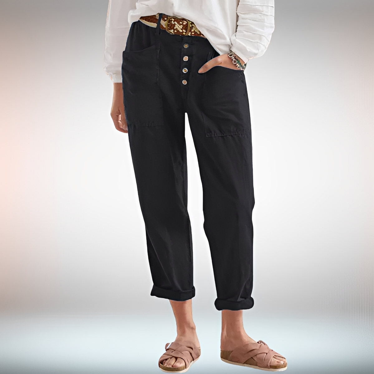 Rhonwen - Trendy Button-Detail Relaxed Pants