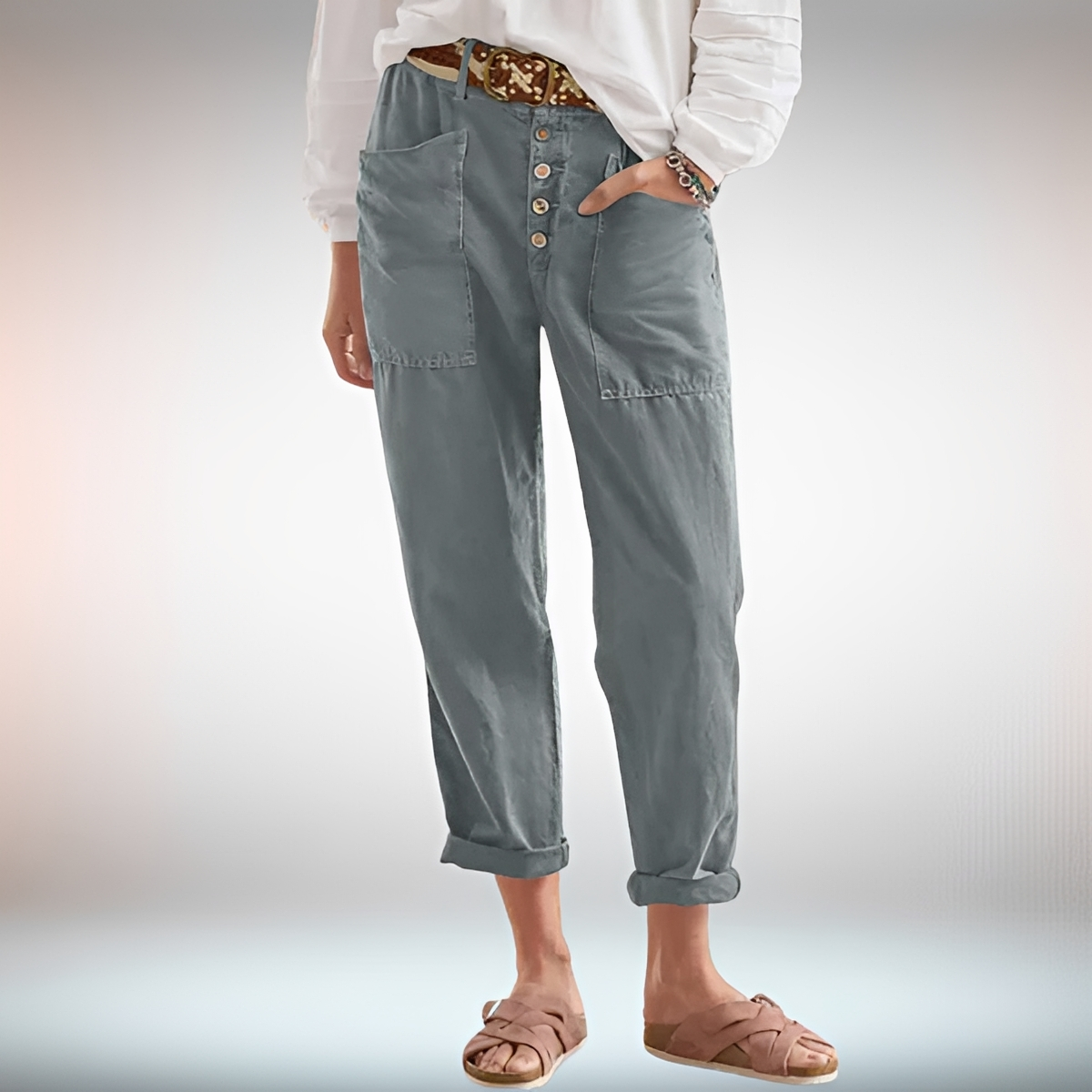 Rhonwen - Trendy Button-Detail Relaxed Pants