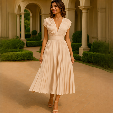 Elvira - Fashionable Pleated V-Neck Midi Dress