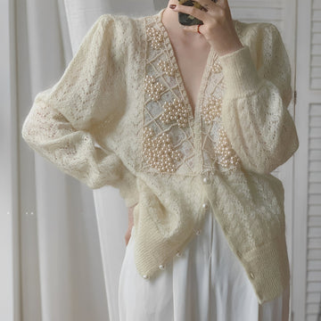 Rachael - Stylish long-sleeve cardigan with pearl embellishment for women