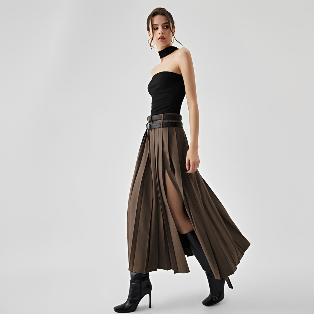 Odette - Pleated Maxi Skirt with Slit