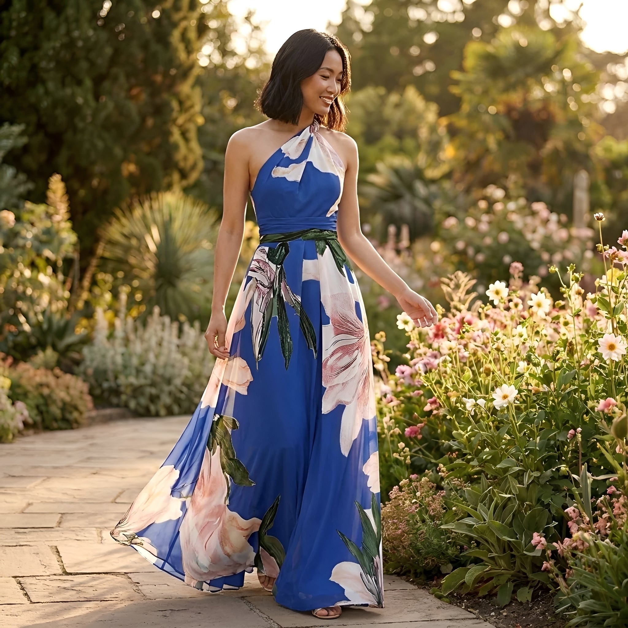 Kirsty - Floral Print Maxi Dress with Halter Neck