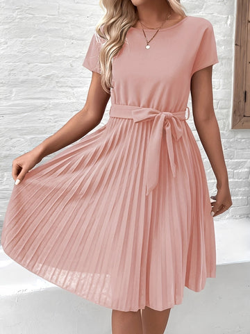 Meza - Midi Dress with Pleats and Waist Tie, Short Sleeve Style