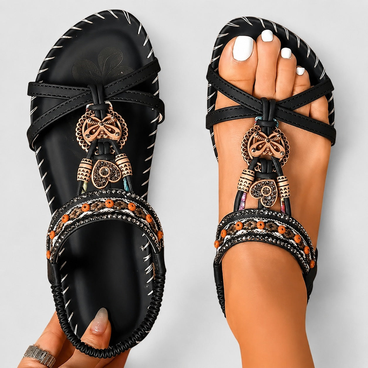 Eleanor - Fashionable Rhinestone Flat Sandals