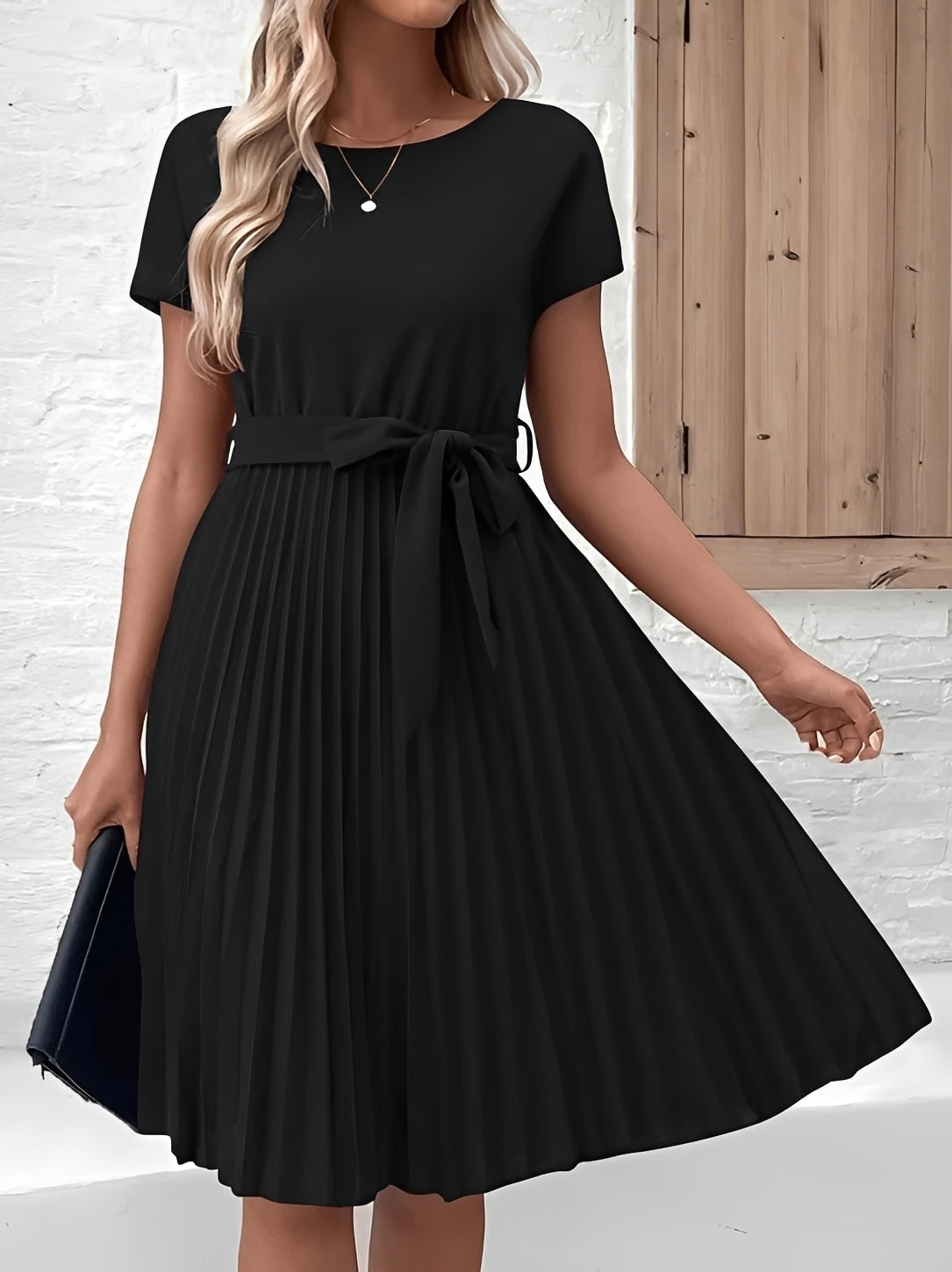 Meza - Midi Dress with Pleats and Waist Tie, Short Sleeve Style