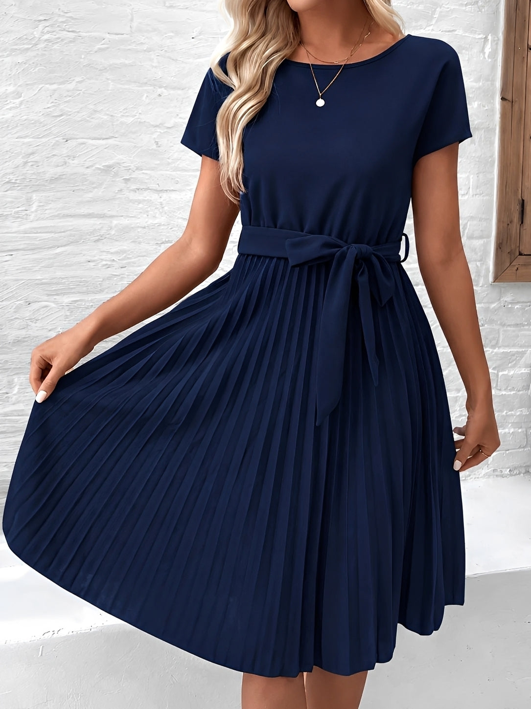 Meza - Midi Dress with Pleats and Waist Tie, Short Sleeve Style
